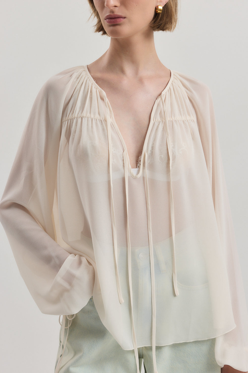 Deep V Semi Sheer Blouse