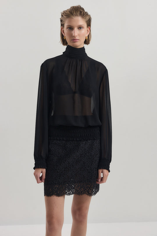 Gathered High Neck Sheer Top