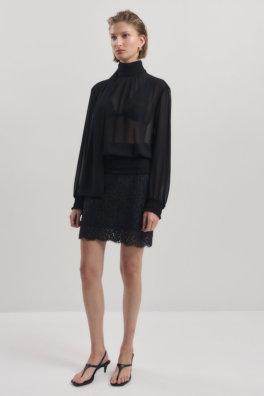 Gathered High Neck Sheer Top