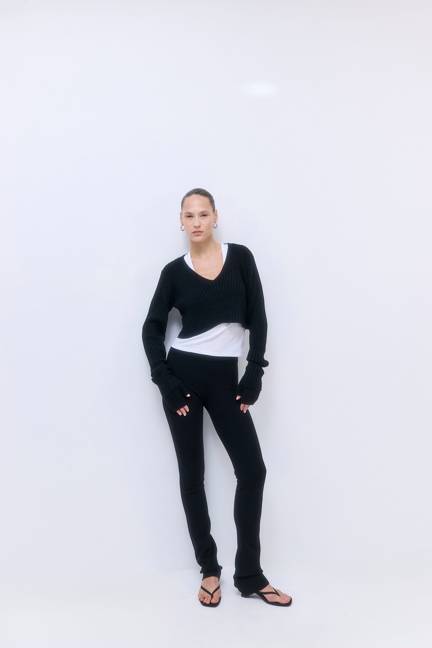 Cropped Ribbed V Neck Top