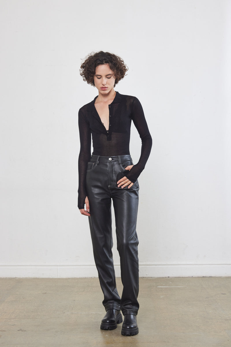 Contrast Vegan Leather Straight Pants