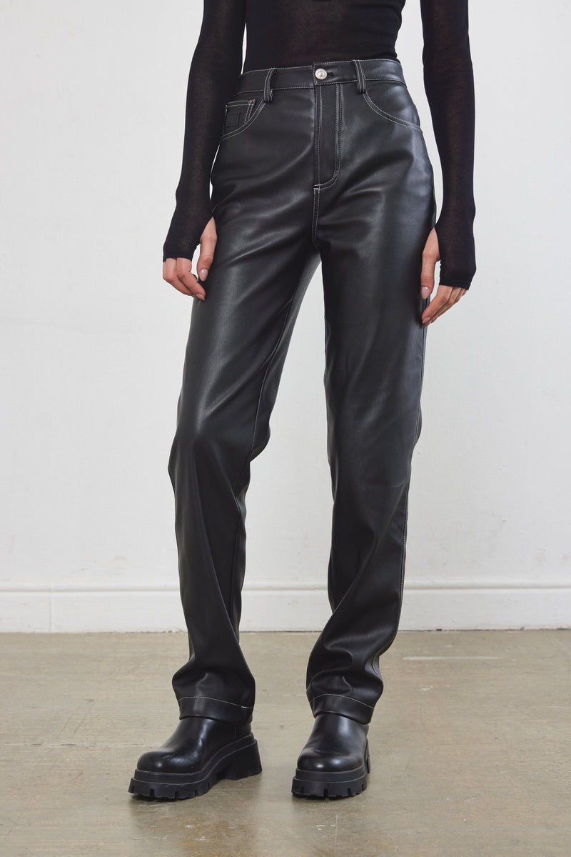 Contrast Vegan Leather Straight Pants